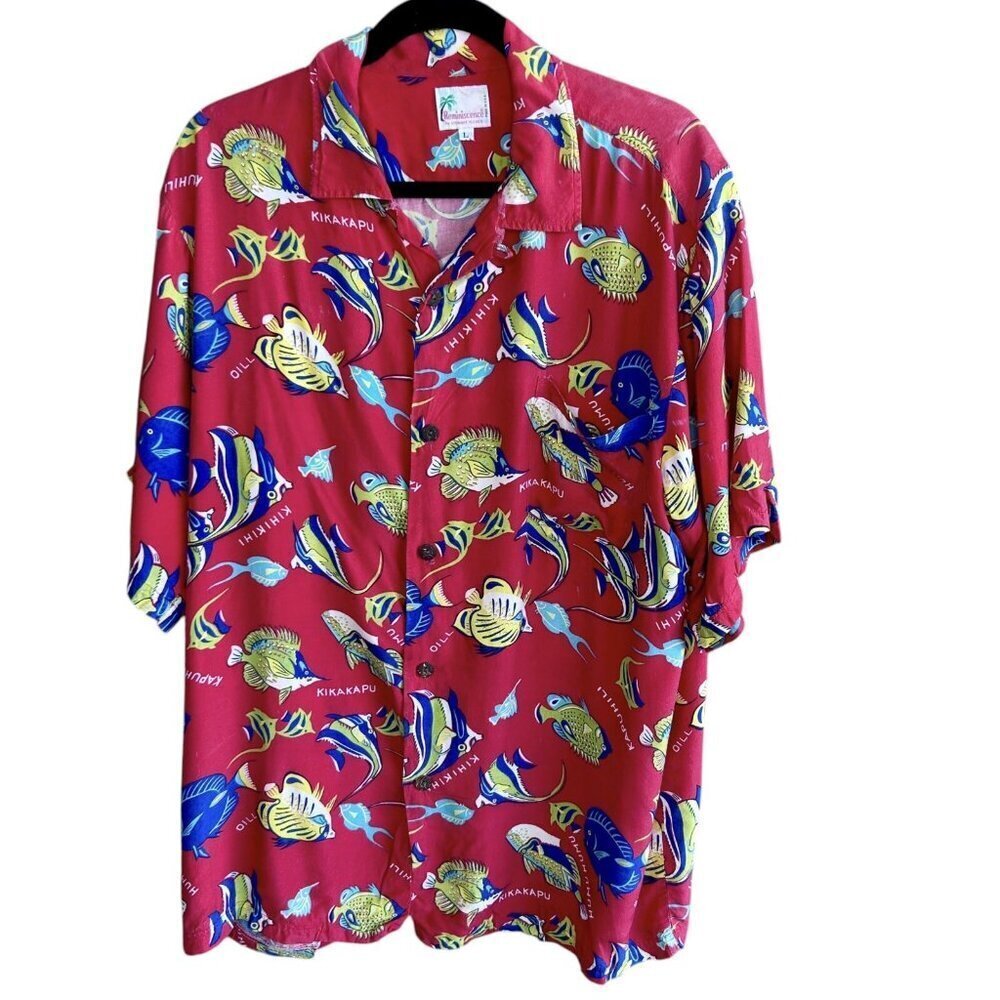 Vintage Reminiscence by Stewart Richer Red Hawaiian Fish Loop Collar Shirt